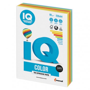 Бумага цветная IQ color, А4, 80 г/м2, 250 л., (5 цветов x 50 листов), микс интенсив, RB02