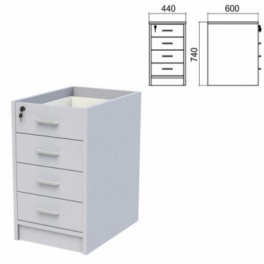 Тумба (каркас БЕЗ КРЫШКИ) приставная "Арго", 440х600х740 мм, 4 ящика, замок, серый
